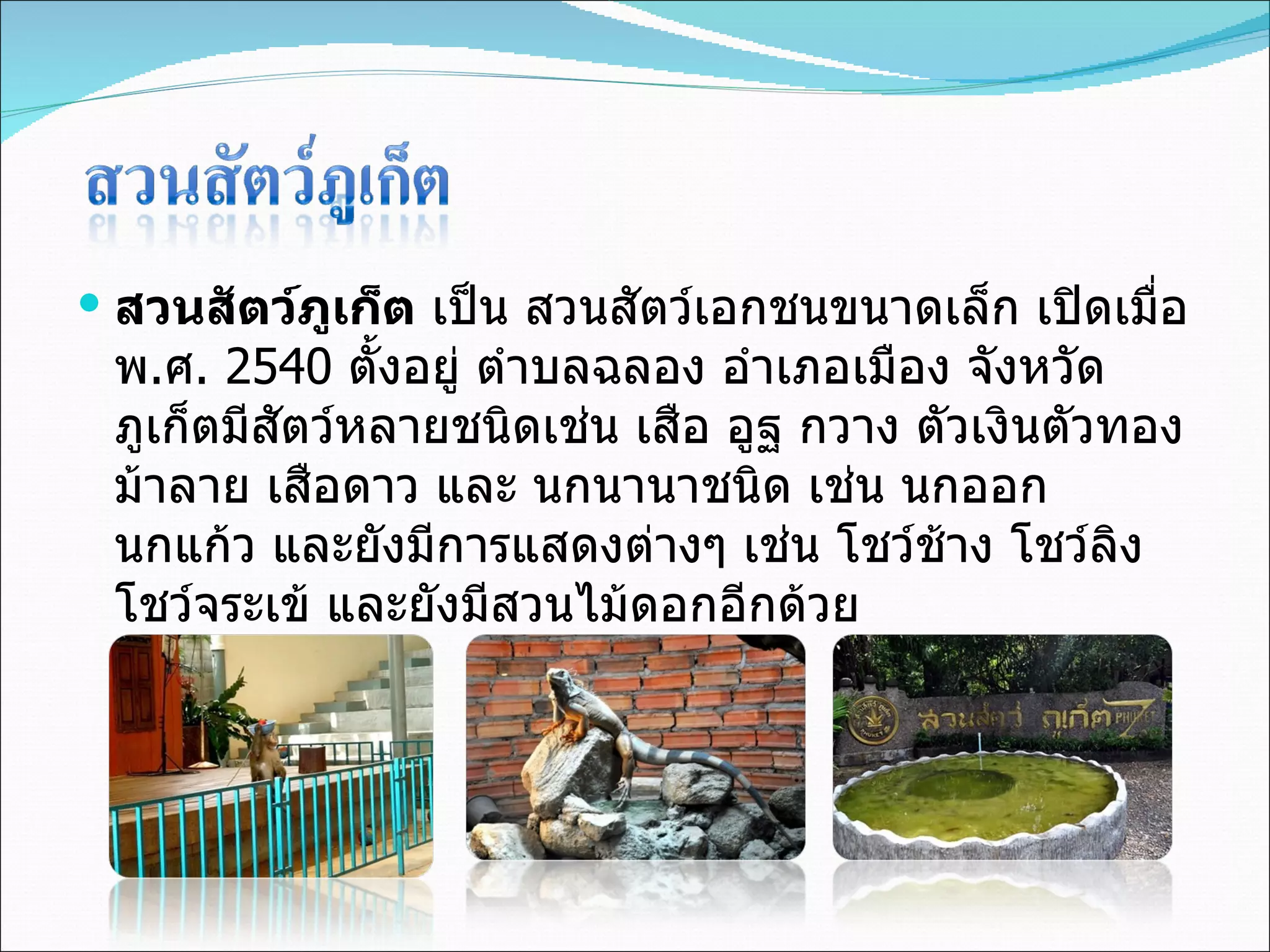 สวนสัตว์ภูเก็ต  เป็น สวนสัตว์เอกชนขนาดเล็ก เปิดเมื่อ พ . ศ . 2540  ตั้งอยู่ ตำบลฉลอง อำเภอเมือง จังหวัดภูเก็ตมีสัตว์หลายชนิดเช่น เสือ อูฐ กวาง ตัวเงินตัวทอง ม้าลาย เสือดาว และ นกนานาชนิด เช่น นกออก นกแก้ว และยังมีการแสดงต่างๆ เช่น โชว์ช้าง โชว์ลิง โชว์จระเข้ และยังมีสวนไม้ดอกอีกด้วย 