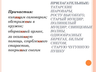 ПРИЛАГАТЕЛЬНЫЕ: ТАТАРСКИЕ ШАРОВАРЫ,  РОСТУ ВЫСОКОГО,  СТАРЫЙ МУНДИР, ПОЛИНЯЛЫЙ МУНДИР, СВИНЦОВЫЕ ВОЛНЫ, ОДНООБРАЗНЫХ БЕРЕГАХ, БЕЛЫМ СНЕГОМ,   СТАРУЮ ЧУГУННУЮ ПУШКУ Причастия: кип ящ им самоваром; обстриж ен ы в кружок;  оборва нн ый армяк,  за оказа нн ую помощь, сгорбле нн ого старостью, покры т ых снегом 