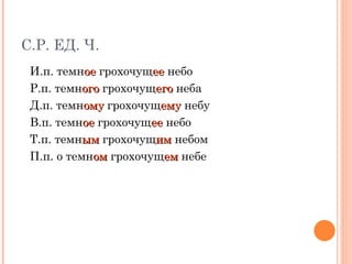 С.Р. ЕД. Ч. И.п. темн ое  грохочущ ее  небо Р.п. темн ого  грохочущ его  неба Д.п. темн ому  грохочущ ему  небу В.п. темн ое  грохочущ ее  небо Т.п. темн ым  грохочущ им  небом П.п. о темн ом  грохочущ ем  небе 