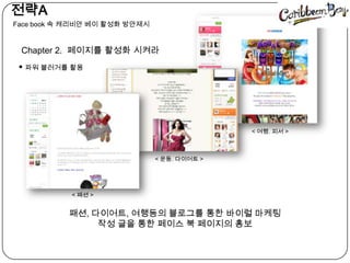   전략󲹳 book 속캐리비안베이 활성화 방안제시Chapter 2.  페이지를 활성화 시켜라파워 블러거를 활용< 여행. 피서 >< 운동. 다이어트 >< 패션 >패션, 다이어트, 여행등의블로그를 통한 바이럴 마케팅작성 글을 통한 페이스 북 페이지의 홍보