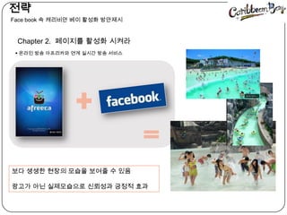   전략󲹳 book 속캐리비안베이 활성화 방안제시Chapter 2.  페이지를 활성화 시켜라 온라인 방송 아프리카와 연계 실시간 방송 서비스보다 생생한 현장의 모습을 보여줄 수 있음광고가 아닌 실제모습으로 신뢰성과 긍정적 효과