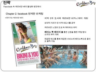   전략󲹳 book 속캐리비안베이 활성화 방안제시Chapter 2. facebook연계한 마케팅 찾아가는 캐리비안베이지역  5개  도시에  캐리비안 비키니 파티  개최상대적 거리가 먼 지역 대도시를 공약캐리비안 느낌의 도심 속 워터파크 파티 페이스 북 페이지 를 통한 신청을 통한 추첨 형식소규모 파티 개최제공된 태그를 통해 제공된 서비스에 페이스북으로 좋아요 클릭 가능 