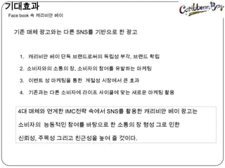  기대효과Face book 속캐리비안베이기존 매체 광고와는 다른 SNS를 기반으로 한 광고1.   캐리비안베이 단독 브랜드로써의 독립성 부각, 브랜드 확립2.  소비자와의 소통의 장, 소비자의 참여를 유발하는 마케팅이벤트 성 마케팅을 통한  계절성 시장에서 큰 효과기존과는 다른 소비자에 라이프 사이클에 맞는 새로운 마케팅 활용4대 매체와 연계한 IMC전략 속에서 SNS를 활용한 캐리비안베이 광고는 소비자의  능동적인 참여를 바탕으로 한 소통의 장 형성 그로 인한  신뢰성, 주목성 그리고 친근성을 높여 줄 것이다.