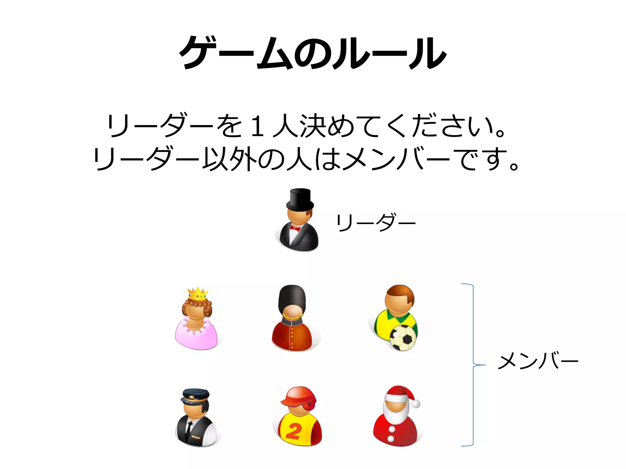 ゲームのルール
 リーダーを１人決めてください。
リーダー以外の人はメンバーです。

        リーダー




               メンバー
 