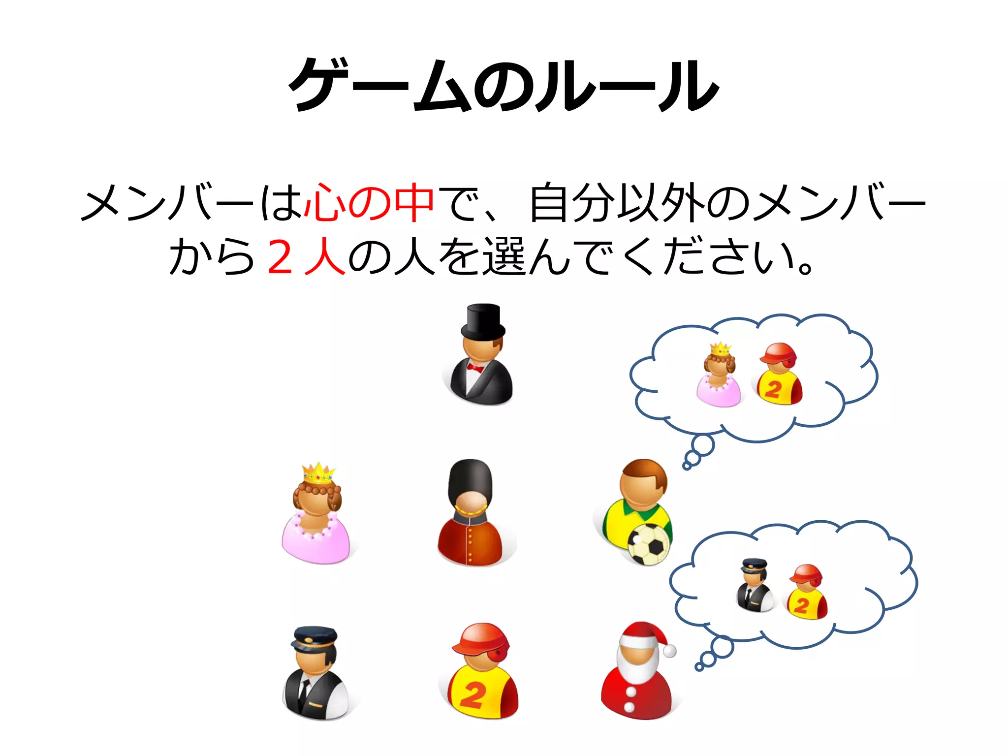 ゲームのルール
メンバーは心の中で、自分以外のメンバー
  から２人の人を選んでください。
 