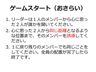 ゲームスタート（おさらい）
1. リーダーは１人のメンバーから心に思っ
   た２人が誰かを聞いてください。
2. 心に思った２人から同じ距離となるよう
   な位置まで、そのメンバーを誘導してく
   ださい。
3. １に戻り残りのメンバーでも同じことを
   してください。全員の配置が完了したら
   終了です。
 