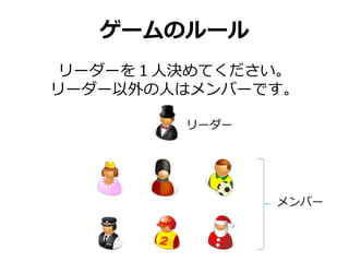 ゲームのルール
 リーダーを１人決めてください。
リーダー以外の人はメンバーです。

        リーダー




               メンバー
 