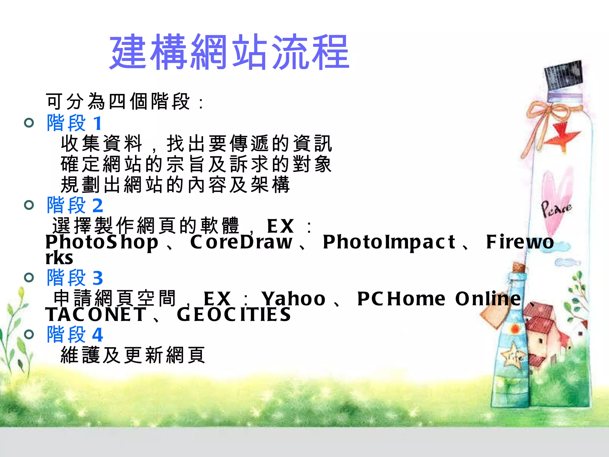 建構網站流程 可分為四個階段 ： 階段 1   收集資料，找出要傳遞的資訊 確定網站的宗旨及訴求的對象 規劃出網站的內容及架構 階段 2 選擇製作網頁的軟體， EX ： PhotoShop 、 CoreDraw 、 PhotoImpact 、 Fireworks 階段 3 申請網頁空間， EX ： Yahoo 、 PCHome Online 、 TACONET 、 GEOCITIES 階段 4 維護及更新網頁 