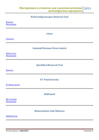 инструкции и утилиты для удаления остатков антивирусных программ