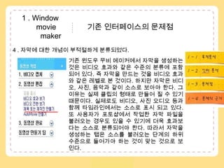 1 . Window               movie               기존 인터페이스의 문제점            maker4 . 자막에 대한 개념이 부적절하게 분류되었다. 1 – 1 . 목적분석기존 윈도우 무비 메이커에서 자막을 생성하는 것은 비디오 효과와 같은 수준의 분류에 포함되어 있다. 즉 자막을 만드는 것을 비디오 효과와 같은 레벨로 본 것이다. 하지만 자막은 비디오, 사진, 음악과 같이 소스로 보아야 한다. 그 이유는 실제 클립의 형태로 만들어 질 수 있기 때문이다. 실제로도 비디오, 사진 오디오 등과 함께 타임라인에서는 소스로 표시 되고 있다. 또 사용자가 포토샵에서 작업한 자막 파일을 불러오는 경우도 있을 수 있기에 더욱 효과보다는 소스로 분류되어야 한다. 따라서 자막을 생성하는 탭은 소스를 불러오는 단계의 하위 수준으로 들어가야 하는 것이 맞는 것으로 보인다. 1 – 2 . 수용자분석..1 – 3 . 인터분석1 – 4 . 문제점