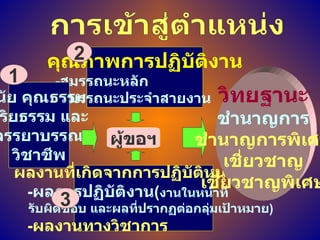 ผู้ขอฯ คุณภาพการปฏิบัติงาน - สมรรถนะหลัก - สมรรถนะประจำสายงาน วินัย คุณธรรม  จริยธรรม และ จรรยาบรรณ วิชาชีพ ผลงานที่เกิดจากการปฏิบัติหน้าที่ - ผลการปฏิบัติงาน ( งานในหน้าที่ รับผิดชอบ และผลที่ปรากฏต่อกลุ่มเป้าหมาย ) - ผลงานทางวิชาการ การเข้าสู่ตำแหน่ง วิทยฐานะ ชำนาญการ ชำนาญการพิเศษ เชี่ยวชาญ เชี่ยวชาญพิเศษ 1 2 3 