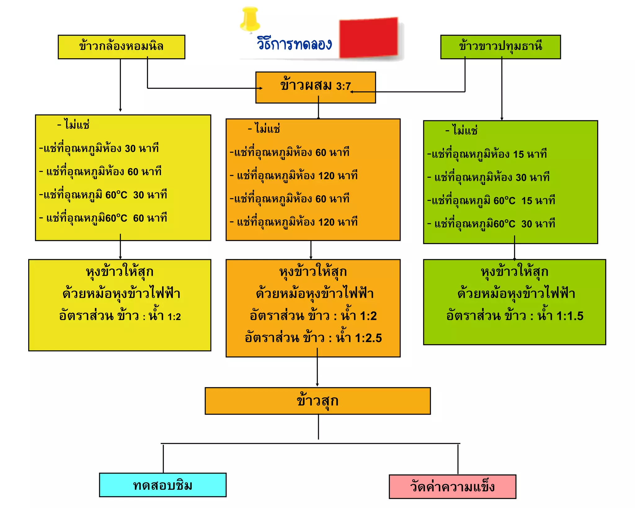 ข้าวกล้องหอมนิล              วิธีการทดลอง                        ข้าวขาวปทุมธานี

                                           ข้าวผสม 3:7
    - ไม่แช่                        - ไม่แช่                           - ไม่แช่
-แช่ที่อุณหภูมิห้อง 30 นาที     -แช่ที่อุณหภูมิห้อง 60 นาที        -แช่ที่อุณหภูมิห้อง 15 นาที
- แช่ที่อุณหภูมิห้อง 60 นาที    - แช่ที่อุณหภูมิห้อง 120 นาที      - แช่ที่อุณหภูมิห้อง 30 นาที
-แช่ที่อุณหภูมิ 60oC 30 นาที    -แช่ที่อุณหภูมิห้อง 60 นาที        -แช่ที่อุณหภูมิ 60oC 15 นาที
- แช่ที่อุณหภูมิ60oC 60 นาที    - แช่ที่อุณหภูมิห้อง 120 นาที      - แช่ที่อุณหภูมิ60oC 30 นาที


        หุงข้าวให้สุก                    หุงข้าวให้สุก                       หุงข้าวให้สุก
    ด้วยหม้อหุงข้าวไฟฟ้า             ด้วยหม้อหุงข้าวไฟฟ้า                ด้วยหม้อหุงข้าวไฟฟ้า
    อัตราส่วน ข้าว : น้้า 1:2       อัตราส่วน ข้าว : น้้า 1:2          อัตราส่วน ข้าว : น้้า 1:1.5
                                   อัตราส่วน ข้าว : น้้า 1:2.5


                                               ข้าวสุก



                     ทดสอบชิม                                    วัดค่าความแข็ง
 
