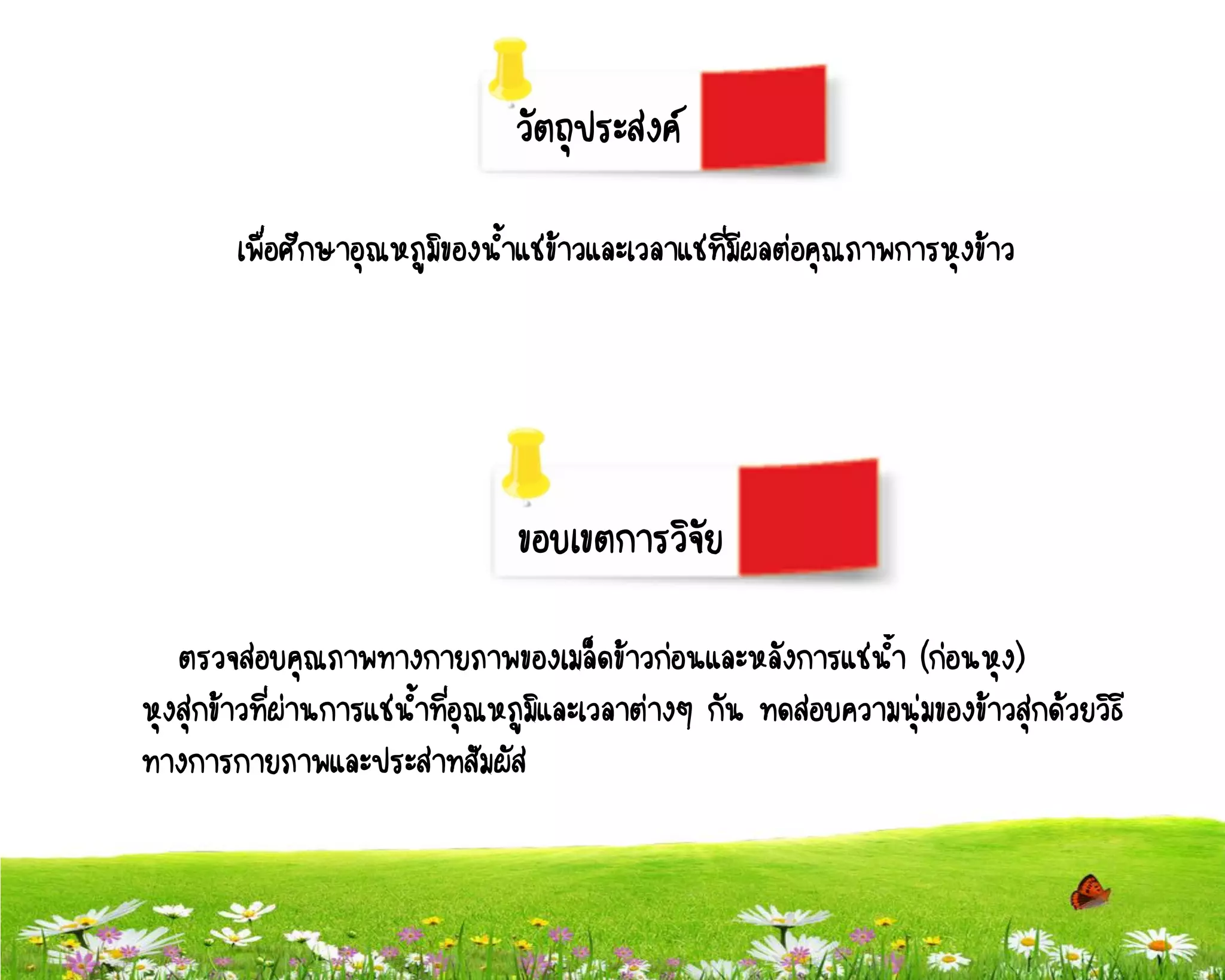 วัตถุประสงค์

        เพื่อศึกษาอุณหภูมของน้าแช่ข้าวและเวลาแช่ที่มผลต่อคุณภาพการหุงข้าว
                         ิ                          ี




                                ขอบเขตการวิจัย

   ตรวจสอบคุณภาพทางกายภาพของเมล็ดข้าวก่อนและหลังการแช่น้า (ก่อนหุง)
หุงสุกข้าวที่ผ่านการแช่น้าที่อุณหภูมิและเวลาต่างๆ กัน ทดสอบความนุ่มของข้าวสุกด้วยวิธี
ทางการกายภาพและประสาทสัมผัส
 