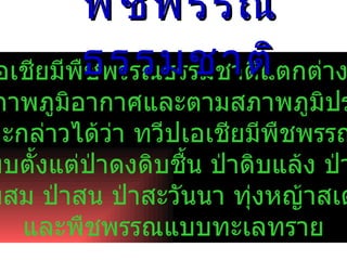 พืชพรรณธรรมชาติ ทวีป๶อเชียมีพืชพรรณธรรมชาติแตกต่างกันไป ตามสภาพภูมิอากาศและตามสภาพภูมิประเทศ  อาจจะกล่าวได้ว่า ทวีป๶อเชียมีพืชพรรณครบ ทุกรูปแบบตั้งแต่ป่าดงดิบชื้น ป่าดิบแล้ง ป่าผลัดใบ  ป่าผสม ป่าสน ป่าสะวันนา ทุ่งหญ้าสเตปป์ และพืชพรรณแบบทะเลทราย 