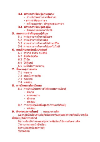 4.1 สาระการเรียนรู้แกนกลาง
             - อ่านจับใจความจากสื่อต่างๆ
             - ธรรมชาติของภาษา
             - พลังของภาษา ลักษณะของภาษา
       4.1 สาระการเรียนรู้ท้องถิ่น
             - ลักษณะของภาษาถิ่นใต้
5. สมรรถนะสำาคัญของผู้เรียน
       5.1 ความสามารถในการสื่อสาร
       5.2 ความสามารถในการคิด
       5.3 ความสามารถในการใช้ทักษะชีวิต
       5.4 ความสามารถในการใช้เทคโนโลยี
6. คุณลักษณะอันพึงประสงค์
       6.1 รักชาติ ศาสน์ กษัตริย์
       6.2 ซื่อสัตย์สุจริต
       6.3 มีวินย ั
       6.4 ใฝ่เรียนรู้
       6.5 มุ่งมั่นในการทำางาน
7. ชิ้นงาน/ภาระงาน
       7.1 รายงาน
       7.2 แผนผังความคิด
       7.3 อภิปราย
       7.4 ทดสอบ
8. การวัดและประเมินผล
       8.1 การประเมินระหว่างจัดกิจกรรมการเรียนรู้
             - สังเกต
             - ตรวจผลงาน
             - ซักถาม
             - ทดสอบ
       8.2 การประเมินเมื่อสิ้นสุดกิจกรรมการเรียนรู้
             - ทดสอบ
9. กิจกรรมการเรียนรู้ : กระบวนการคิด
       แบ่งกลุ่มนักเรียนร่วมกันคิดวิเคราะห์และแสดงความคิดเห็นจากสื่อ
สิ่งพิมพ์/อิเล็กทรอนิกส์
       6) ร่วมกันอภิปรายและสรุปความคิดโดยใช้แผนผังความคิด
       7) รายงานผลหน้าชั้นเรียน
       8) ร่วมกันสรุปองค์ความรู้
       9) ทดสอบ
 