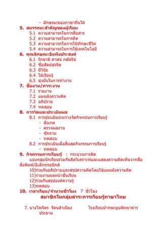 - ลักษณะของภาษาถิ่นใต้
5. สมรรถนะสำาคัญของผู้เรียน
       5.1 ความสามารถในการสื่อสาร
       5.2 ความสามารถในการคิด
       5.3 ความสามารถในการใช้ทักษะชีวิต
       5.4 ความสามารถในการใช้เทคโนโลยี
6. คุณลักษณะอันพึงประสงค์
       6.1 รักชาติ ศาสน์ กษัตริย์
       6.2 ซื่อสัตย์สุจริต
       6.3 มีวินย ั
       6.4 ใฝ่เรียนรู้
       6.5 มุ่งมั่นในการทำางาน
7. ชิ้นงาน/ภาระงาน
       7.1 รายงาน
       7.2 แผนผังความคิด
       7.3 อภิปราย
       7.4 ทดสอบ
8. การวัดและประเมินผล
       8.1 การประเมินระหว่างจัดกิจกรรมการเรียนรู้
             - สังเกต
             - ตรวจผลงาน
             - ซักถาม
             - ทดสอบ
       8.2 การประเมินเมื่อสิ้นสุดกิจกรรมการเรียนรู้
             - ทดสอบ
9. กิจกรรมการเรียนรู้ : กระบวนการคิด
       แบ่งกลุ่มนักเรียนร่วมกันคิดวิเคราะห์และแสดงความคิดเห็นจากสื่อ
สิ่งพิมพ์/อิเล็กทรอนิกส์
       10)ร่วมกันอภิปรายและสรุปความคิดโดยใช้แผนผังความคิด
       11)รายงานผลหน้าชั้นเรียน
       12)ร่วมกันสรุปองค์ความรู้
       13)ทดสอบ
10. เวลาเรียน/จำานวนชั่วโมง 7 ชั่วโมง
           สมาชิกในกลุ่มสาระการเรียนรู้ภาษาไทย

  7. นางไพจิตร รัตนสำาเนียง          โรงเรียนปากพะยูนพิทยาคาร
         ประธาน
 