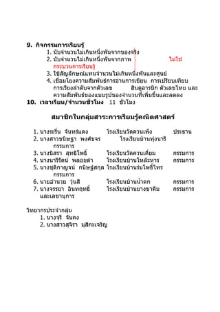 9. กิจกรรมการเรียนรู้
       1. นับจำานวนไม่เกินหนึ่งพันจากของจริง
       2. นับจำานวนไม่เกินหนึ่งพันจากภาพ                ไม่ใช่
          กระบวนการเรียนรู้
       3. ใช้สัญลักษณ์แทนจำานวนไม่เกินหนึ่งพันและศูนย์
       4. เชื่อมโยงความสัมพันธ์การอ่านการเขียน การเปรียบเทียบ
          การเรียงลำาดับจากตัวเลข       ฮินดูอารบิก ตัวเลขไทย และ
          ความสัมพันธ์ของแบบรูปของจำานวนที่เพิ่มขึ้นและลดลง
10. เวลาเรียน/จำานวนชั่วโมง 11 ชั่วโมง

         สมาชิกในกลุ่มสาระการเรียนรู้คณิตศาสตร์

  1. นางระรื่น จันทร์แดง        โรงเรียนวัดควนเพ็ง          ประธาน
  2. นางสาวขนิษฐา พงศ์ขจร             โรงเรียนบ้านทุงนารี
                                                    ่
          กรรมการ
  3. นางนิสรา สุทธิโพธิ์        โรงเรียนวัดควนเคี่ยม        กรรมการ
  4. นางนารีรัตน์ พลอยดำา       โรงเรียนบ้านโหล๊ะหาร        กรรมการ
  5. นางชุติกาญจน์ กนิษฐ์สกุล   โรงเรียนบ้านร่มโพธิ์ไทร
          กรรมการ
  6. นายอำานวย วุ่นสี           โรงเรียนบ้านนำ้าตก          กรรมการ
  7. นางจรรยา อินทฤทธิ์         โรงเรียนบ้านยางขาคีม        กรรมการ
     และเลขานุการ

วิทยากรประจำากลุ่ม
     1. นางจุรี จันคง
     2. นางสาวสุจิรา มุสิกะเจริญ
 