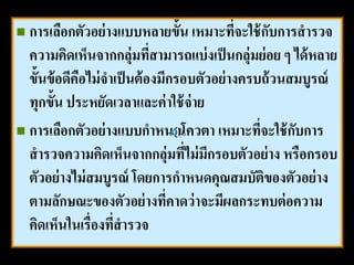  การเลือกตัวอย่ างแบบหลายขั้น เหมาะทีจะใช้ กบการสารวจ
                                      ่      ั
  ความคิดเห็นจากกลุ่มทีสามารถแบ่ งเป็ นกลุ่มย่ อย ๆ ได้ หลาย
                             ่
  ขั้นข้ อดีคอไม่ จาเป็ นต้ องมีกรอบตัวอย่ างครบถ้ วนสมบูรณ์
             ื
  ทุกขั้น ประหยัดเวลาและค่ าใช้ จ่าย
 การเลือกตัวอย่ างแบบกาหนดโควตา เหมาะทีจะใช้ กบการ
                                                ่     ั
  สารวจความคิดเห็นจากกลุ่มทีไม่ มกรอบตัวอย่ าง หรือกรอบ
                                   ่ ี
  ตัวอย่ างไม่ สมบูรณ์ โดยการกาหนดคุณสมบัตของตัวอย่ าง
                                                  ิ
  ตามลักษณะของตัวอย่ างทีคาดว่ าจะมีผลกระทบต่ อความ
                                ่
  คิดเห็นในเรื่องทีสารวจ
                    ่
 