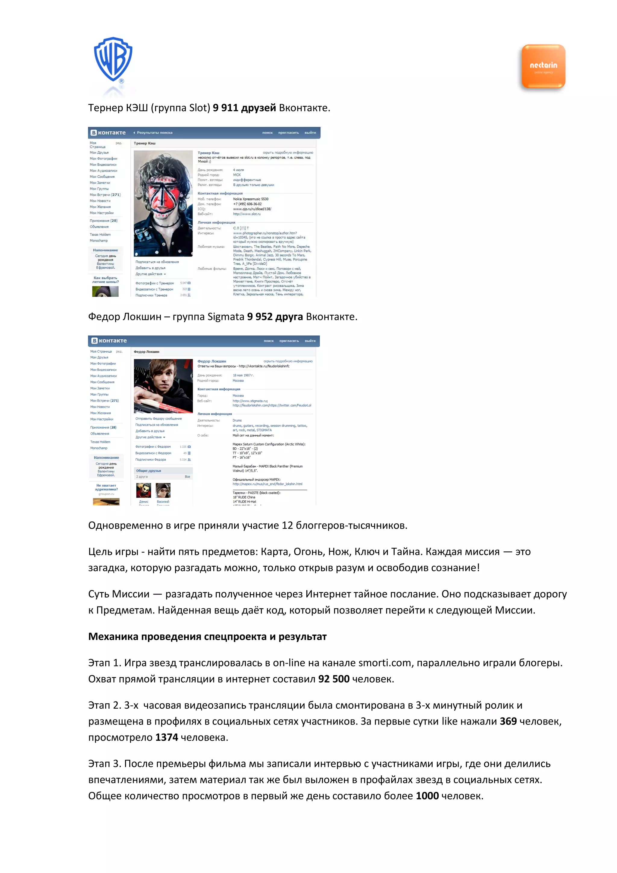 Тернер КЭШ (группа Slot) 9 911 друзей Вконтакте.




Федор Локшин – группа Sigmata 9 952 друга Вконтакте.




Одновременно в игре приняли участие 12 блоггеров-тысячников.

Цель игры - найти пять предметов: Карта, Огонь, Нож, Ключ и Тайна. Каждая миссия — это
загадка, которую разгадать можно, только открыв разум и освободив сознание!

Суть Миссии — разгадать полученное через Интернет тайное послание. Оно подсказывает дорогу
к Предметам. Найденная вещь даёт код, который позволяет перейти к следующей Миссии.

Механика проведения спецпроекта и результат

Этап 1. Игра звезд транслировалась в on-line на канале smorti.com, параллельно играли блогеры.
Охват прямой трансляции в интернет составил 92 500 человек.

Этап 2. 3-х часовая видеозапись трансляции была смонтирована в 3-х минутный ролик и
размещена в профилях в социальных сетях участников. За первые сутки like нажали 369 человек,
просмотрело 1374 человека.

Этап 3. После премьеры фильма мы записали интервью с участниками игры, где они делились
впечатлениями, затем материал так же был выложен в профайлах звезд в социальных сетях.
Общее количество просмотров в первый же день составило более 1000 человек.
 