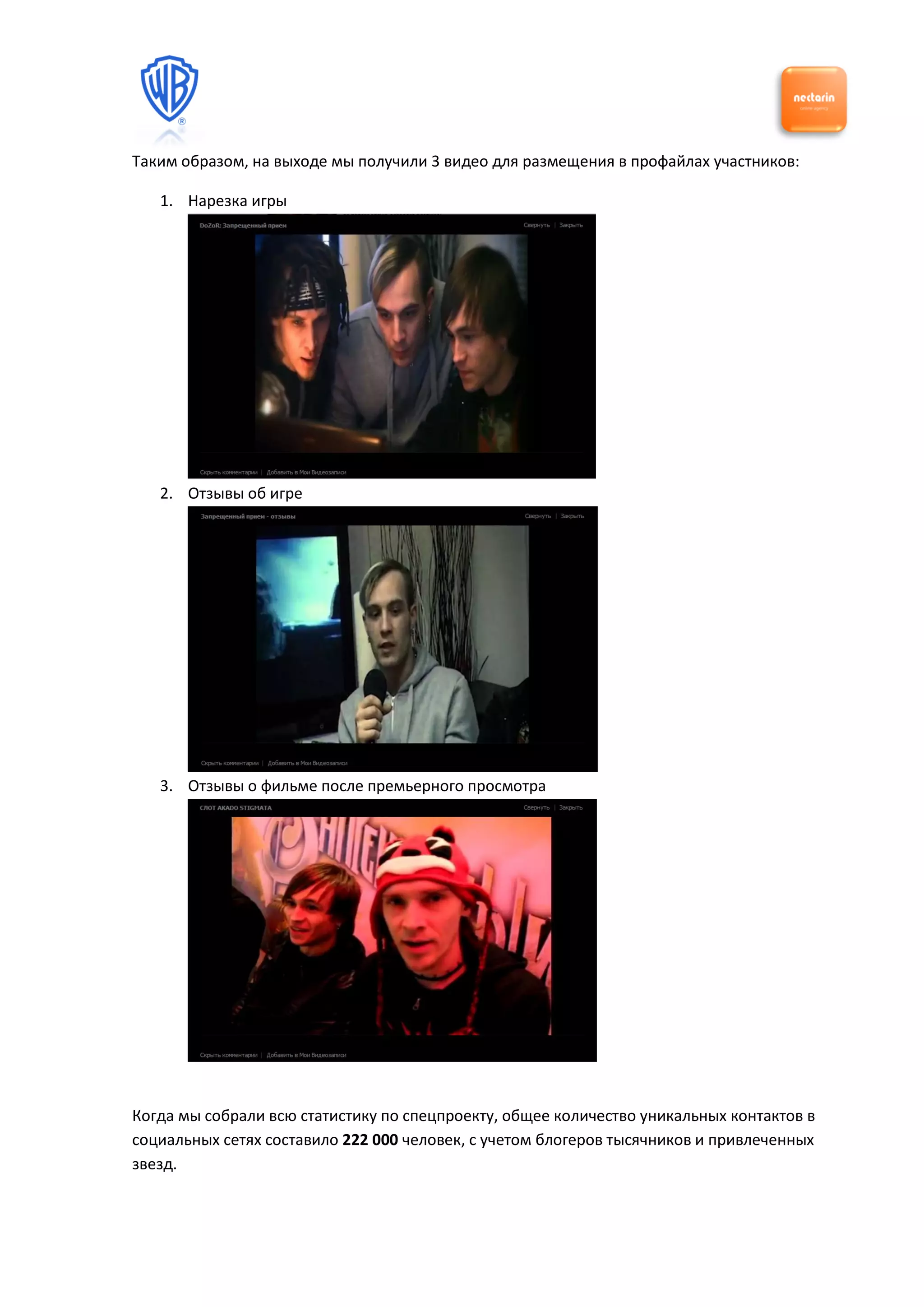 Таким образом, на выходе мы получили 3 видео для размещения в профайлах участников:

   1. Нарезка игры




   2. Отзывы об игре




   3. Отзывы о фильме после премьерного просмотра




Когда мы собрали всю статистику по спецпроекту, общее количество уникальных контактов в
социальных сетях составило 222 000 человек, с учетом блогеров тысячников и привлеченных
звезд.
 