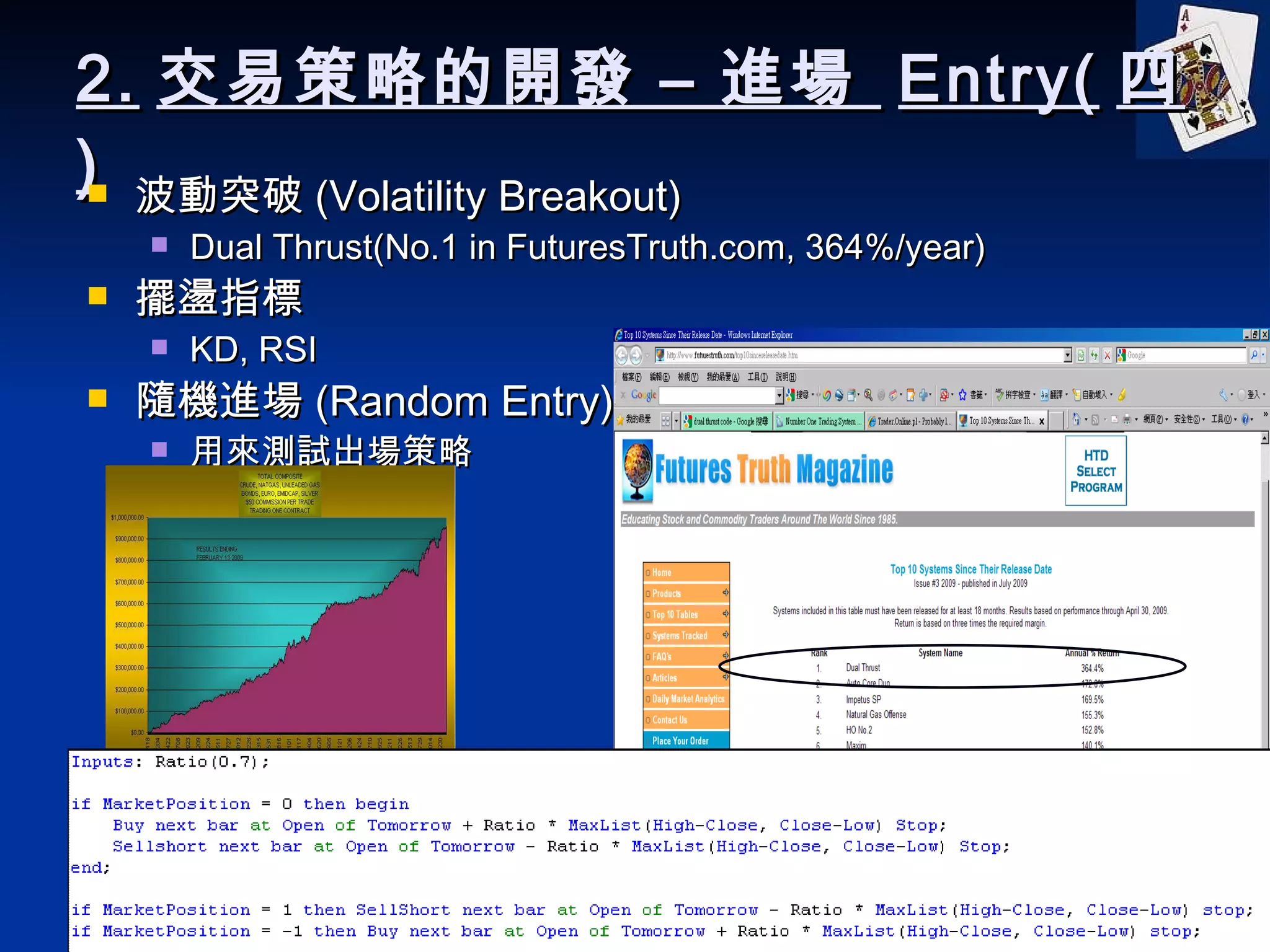 2. 交易策略的開發 – 進場  Entry( 四 ) 波動突破 (Volatility Breakout) Dual Thrust(No.1 in FuturesTruth.com, 364%/year) 擺盪指標 KD, RSI 隨機進場 (Random Entry) 用來測試出場策略 