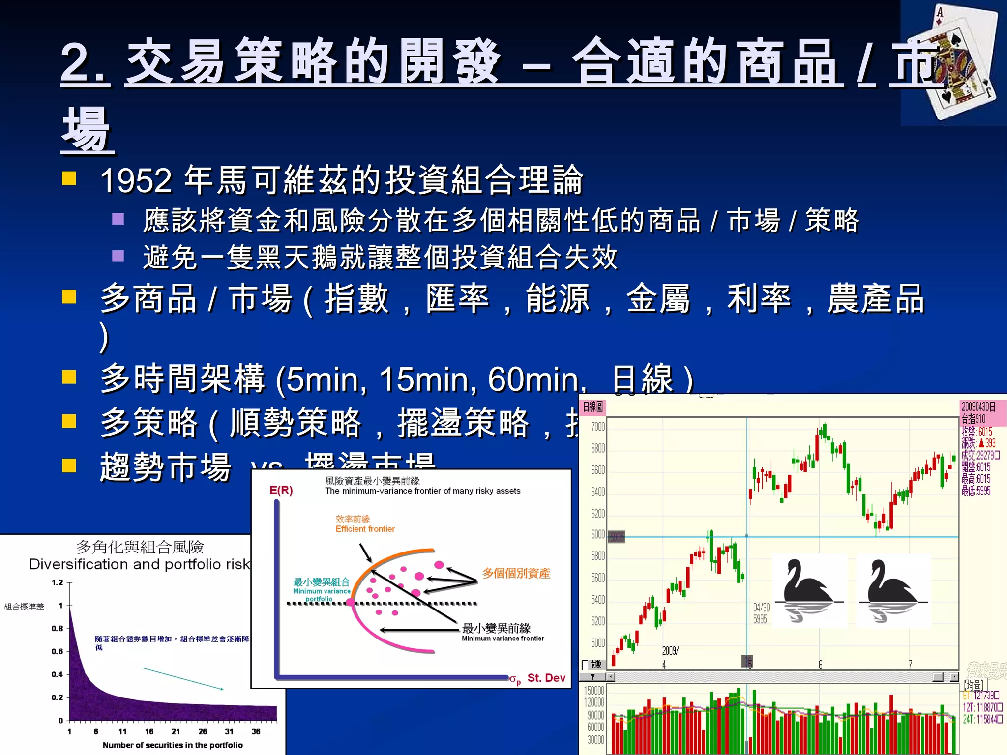 2. 交易策略的開發 – 合適的商品 / 市場 1952 年馬可維茲的投資組合理論 應該將資金和風險分散在多個相關性低的商品 / 市場 / 策略 避免一隻黑天鵝就讓整個投資組合失效 多商品 / 市場 ( 指數，匯率，能源，金屬，利率，農產品 ) 多時間架構 (5min, 15min, 60min,  日線 ) 多策略 ( 順勢策略，擺盪策略，投機策略） 趨勢市場  vs  擺盪市場 