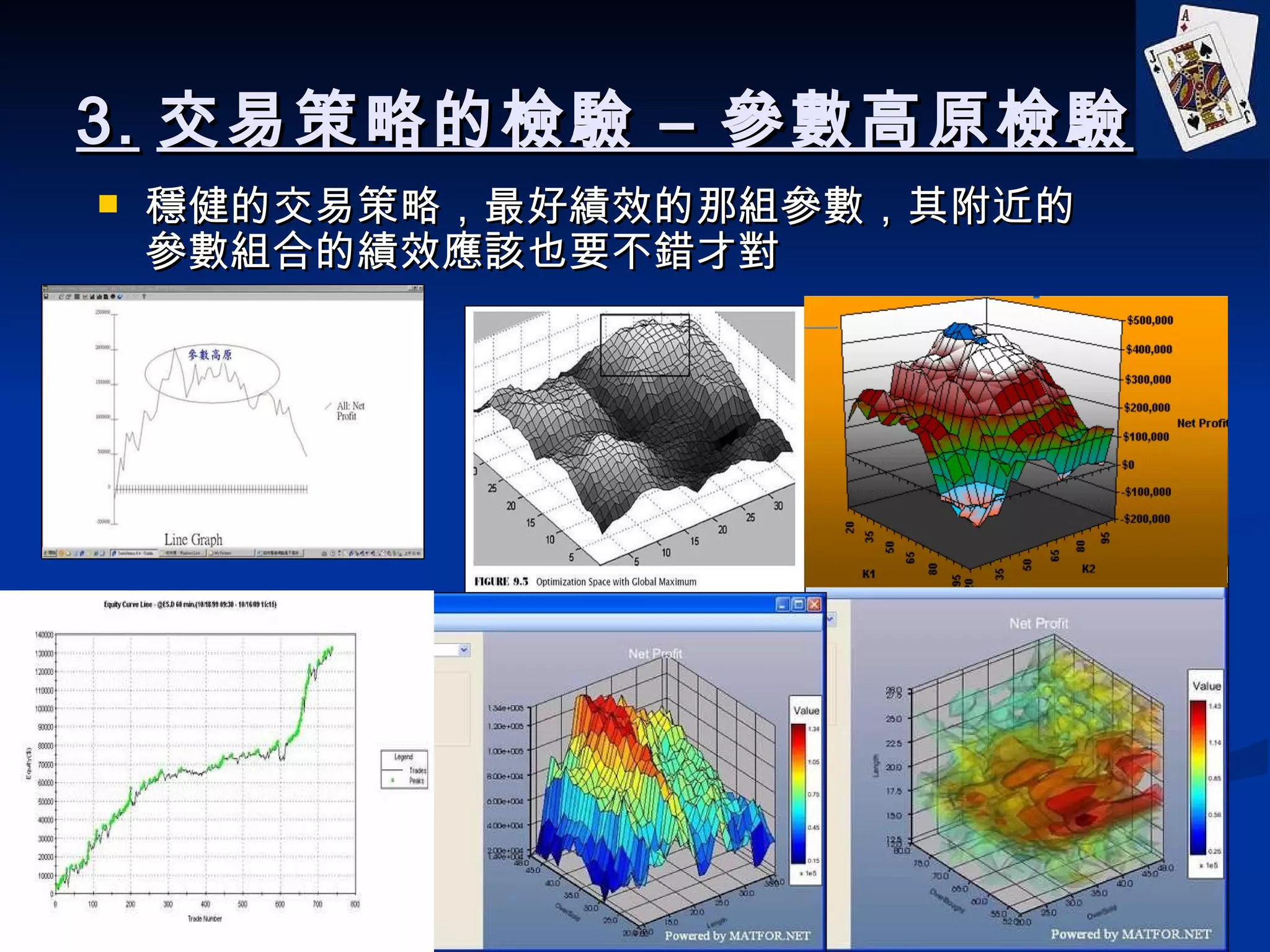 3. 交易策略的檢驗 – 參數高原檢驗 穩健的交易策略，最好績效的那組參數，其附近的參數組合的績效應該也要不錯才對 