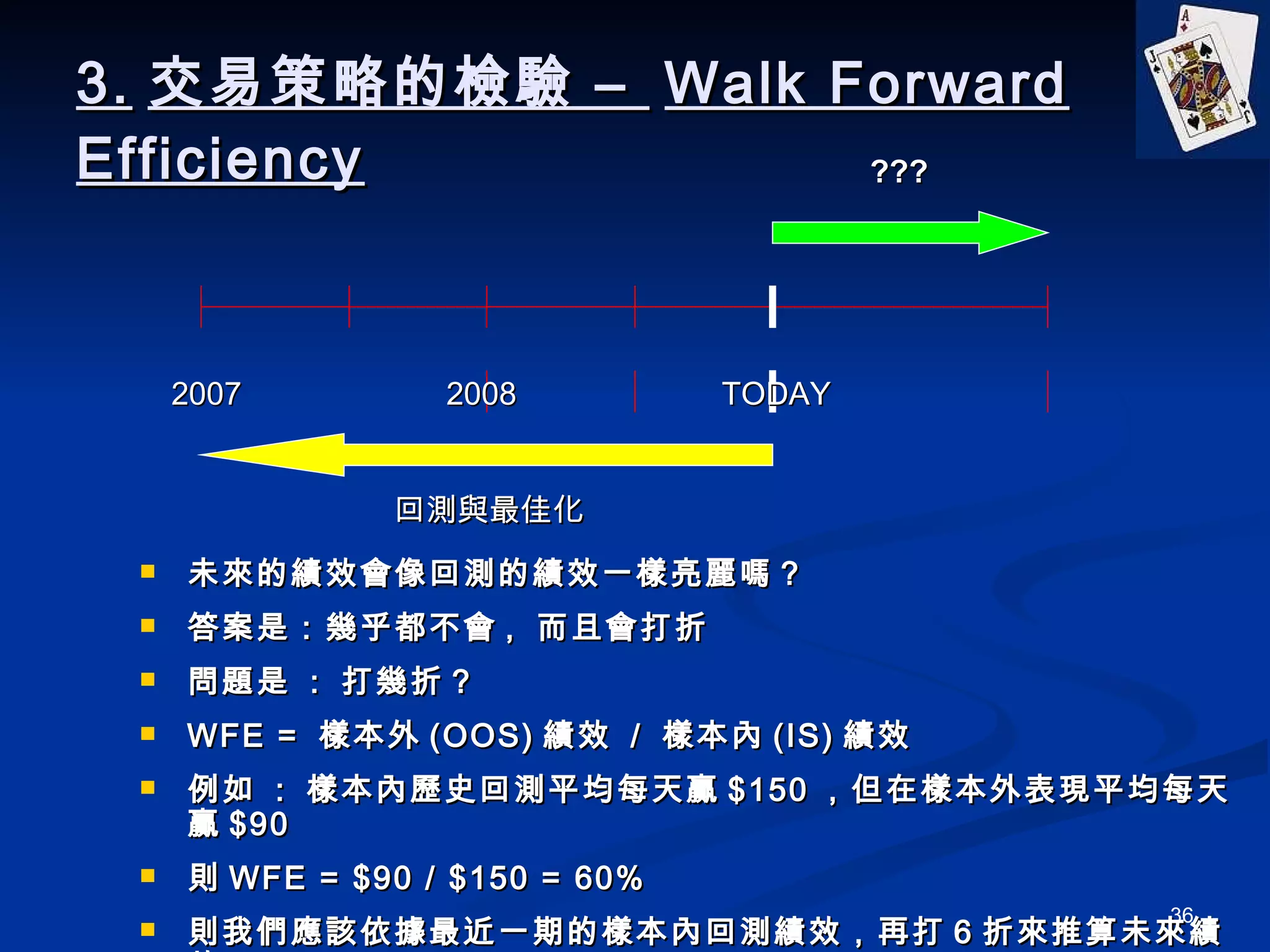 3. 交易策略的檢驗 –  Walk Forward Efficiency 未來的績效會像回測的績效一樣亮麗嗎？ 答案是：幾乎都不會 ,  而且會打折 問題是  :  打幾折 ? WFE =  樣本外 (OOS) 績效  /  樣本內 (IS) 績效 例如  :  樣本內歷史回測平均每天贏 $150 ，但在樣本外表現平均每天贏 $90 則 WFE = $90 / $150 = 60% 則我們應該依據最近一期的樣本內回測績效，再打 6 折來推算未來績效 TODAY 2008 2007 回測與最佳化 ??? 