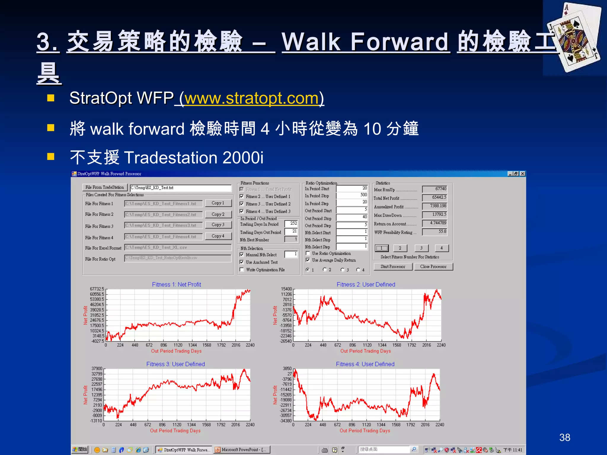 3. 交易策略的檢驗 –  Walk Forward 的檢驗工具 StratOpt WFP  ( www.stratopt.com ) 將 walk forward 檢驗時間 4 小時從變為 10 分鐘 不支援 Tradestation 2000i 