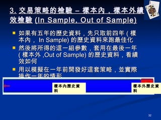 3. ײԵęz C ӱȣӱ⿃Чz (In Sample, Out of Sample) ĚvʷYϣֻȡǰ ( ӱȣ In Sample) ĚvʷYρѻ Ȼጢõ@һMһ ( ӱ ,Out of Sample) ĚvʷYϣЧ ģMһǰ_l@ײԣKHһ ӱȚvʷY ӱvʷY 