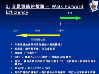 3. ײԵęz C  Walk Forward Efficiency δĿЧ؜yĿЧһ᣿ ǣ׺ ,  ҕ }  :   ? WFE =  ӱ (OOS) Ч  /  ӱ (IS) Ч   :  ӱȚvʷ؜yƽÿA $150 ژӱFƽÿA $90 t WFE = $90 / $150 = 60% t҂ԓһڵĘӱȻ؜yЧٴ 6 ہδЧ TODAY 2008 2007 ؜ycѻ ??? 