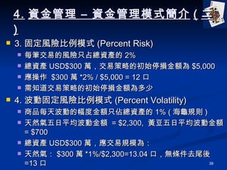 4. Y C Yģʽ (  ) 3. ̶LUģʽ (Percent Risk) ÿP׵LUֻռYa 2% Ya USD$300 fײԵĳʼͣp~ $5,000   $300 f *2% / $5,000 = 12  ֪ײԵĳʼͣp~ 4. ӹ̶LUģʽ (Percent Volatility) Ʒÿ첨ӵķȽ~ֻ׿Ya 1% ( Ҏt ) Ȼƽӽ~  = $2,300,  Sƽӽ~  = $700 Ya USD$300 fҎģ飺 Ȼ⣺ $300 f *1%/$2,300=13.04 ڣolȥβ =13  S $300 f *1%/$700=42.8 ڣolȥβ =42  ׌ȻcSwYӰ푳̶ͬ 