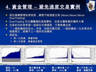 4. Y C ^Ƚ׌ λҎģԭtǣ^^Ƚ (Never,Never,Never OverTrading) OverTrading ׌AXٶ׃죬Ҳ׌ƮaęCʴ ׵ĿϣһֱЈe棬ҪƮa һͶCߵĸסߣ˹{fһͶCһ]ƮaɴΣͷQһõͶC J : һƮaWͣp ڶƮaWY ÿfһڣ Q $187 f ̶һڣ Q $11 f ÿ 1.5 fһڣ Q $1212 f ÿ 6 ǧһڣ YƮa 