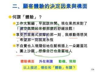 二、顧客體驗的決定因素與構面 何謂「體驗」？ 工作太緊繃，早就該休閒。現在果然來對了！連空氣聞起來都那麼的舒緩放鬆 ! 享受巴里島式按摩的那一刻，我感動得想哭，希望那一刻就是永恆 不自覺也入境隨俗地在髮梢插上一朵雞蛋花、圍上沙龍，想像自己也是當地人 以上描述，哪些和「體驗」有關？ 體驗構面 外在刺激  動機、預期 