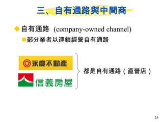 三、自有通路與中間商 自有通路  (company-owned channel) 部分業者以連鎖經營自有通路 都是自有通路（直營店） 