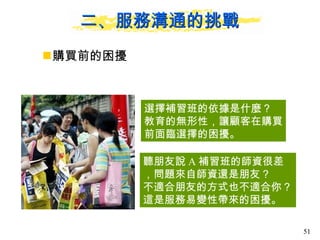 二、服務溝通的挑戰 購買前的困擾 選擇補習班的依據是什麼？ 教育的無形性，讓顧客在購買 前面臨選擇的困擾。 聽朋友說 A 補習班的師資很差，問題來自師資還是朋友？ 不適合朋友的方式也不適合你？ 這是服務易變性帶來的困擾。 