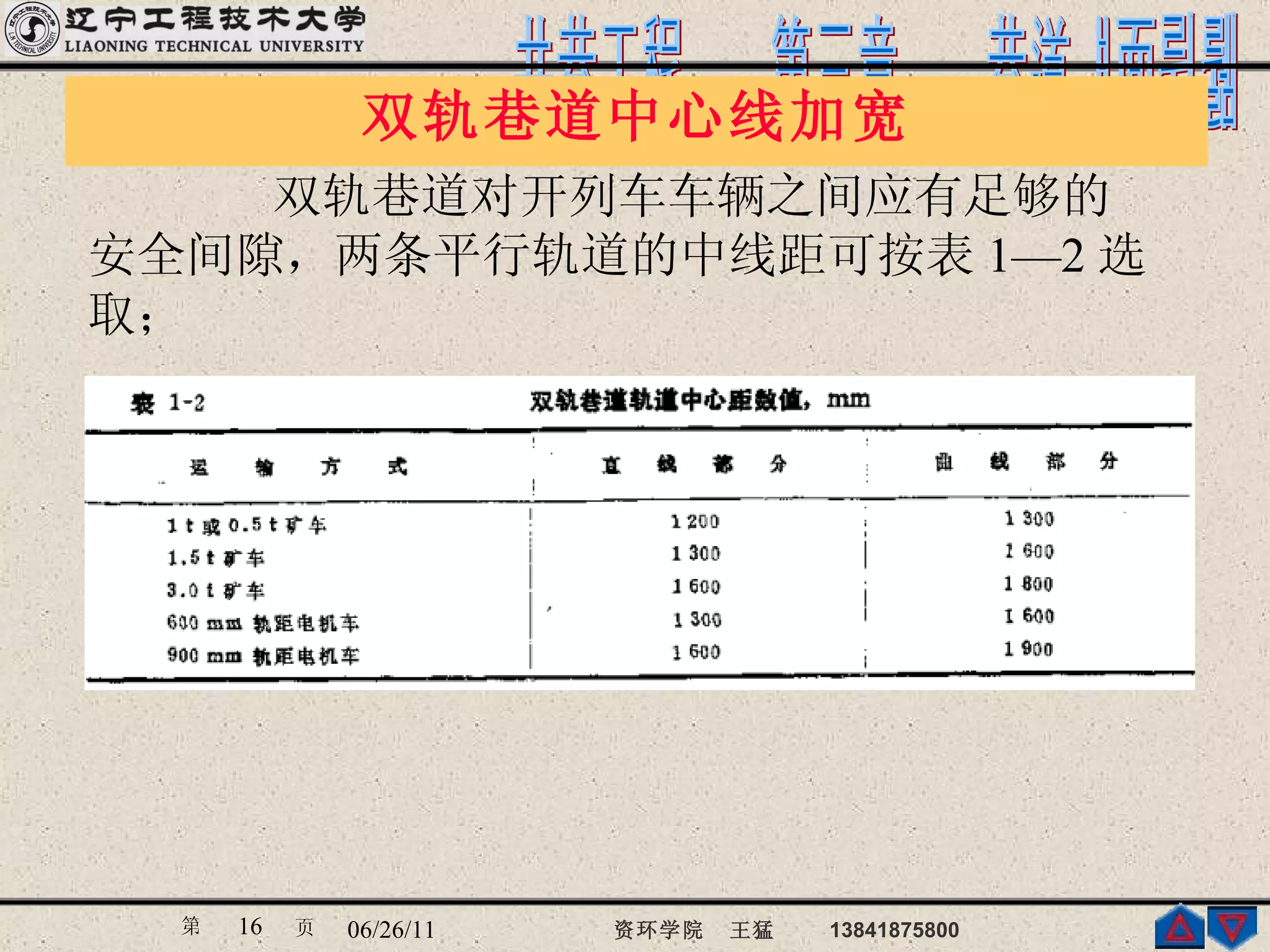 双轨巷道中心线加宽 双轨巷道对开列车车辆之间应有足够的安全间隙，两条平行轨道的中线距可按表 1—2 选取； 