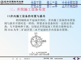 三、井筒施工设备布置 ㈠井内施工设备的布置与悬吊   利用辅助水平延深井筒时，井内施工设备的布置原则与新井开凿时是一样的，即要求各设备间有一定的安全距离，互不影响和干扰，以保证井筒延深工作的方便和安全。图 13-6 为李二矿副井第三水平延深时井内设备市置图。   