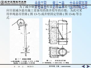 为了减少硐室开凿工程量，简化天轮平台布置，应尽量减少悬吊施工设备用的凿井绞车的台数，为此可采用单绳悬吊管路 ( 图 13-7) 或井壁固定管路 ( 图 13-8) 等方式。   