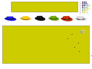تمرين : ميزي بين القبعاتفيما يلي عدد من العبارات، بيني أية عبارة تمثل أية قبعة.1- أنا أحب تخصص الطب لأنه يقدم خدمة إنسانية.2- عندما أتخرج سوف أصبح طيار بلاشك.3- تخصص الفيزياء يقوم على مادة أساسية وهي الرياضيات.4- من فوائد تخصص الأحياء أنه يهتم بصحة الإنسان. 5- من معوقات تخصص التغذية العلاجية قلة الوظائف المتاحة. 6- كثرة الإقبال على تخصص التربية الخاصة في عصرنا الحالي بسبب احتياج الدولة.