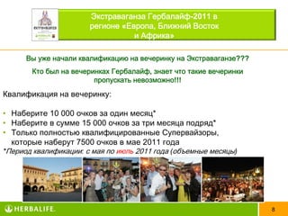 Экстраваганза Гербалайф-2011 в
                       регионе «Европа, Ближний Восток
                                  и Африка»

      Вы уже начали квалификацию на вечеринку на Экстраваганзе???
       Кто был на вечеринках Гербалайф, знает что такие вечеринки
                        пропускать невозможно!!!
Квалификация на вечеринку:

• Наберите 10 000 очков за один месяц*
• Наберите в сумме 15 000 очков за три месяца подряд*
• Только полностью квалифицированные Супервайзоры,
  которые наберут 7500 очков в мае 2011 года
*Период квалификации: с мая по июль 2011 года (объемные месяцы)




                                                                    8
 