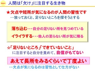 Solare
         人間は「欠け」に注目する生き物

         ★欠点や短所が気になるのが人間の習性です
          …放っておくと、足りないところを探そうとする


          落ち込む・・・自分の足りない所を見つめている
          イライラする・・・他人の至らない所が気に障る

         ☆「足りないところ」「できていないこと」
           に注目すると自分を責めて、自信がもてない

          あえて長所をみるぐらいで丁度よい
         ・・欠点が気になるのは習性として仕方がない
 