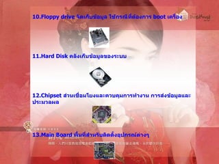 10. Floppy drive  จัดเก็บข้อมูล ใช้กรณีที่ต้องการ  boot   เครื่อง 11. Hard Disk  คลังเก็บข้อมูลของระบบ  12. Chipset  ส่วนเชื่อมโยงและควบคุมการทำงาน การส่งข้อมูลและประมวลผล 13. Main Board  พื้นที่สำหรับติดตั้งอุปกรณ์ต่างๆ 
