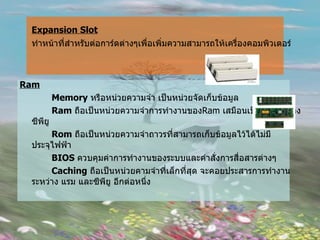 Expansion Slot ทำหน้าที่สำหรับต่อการ์ดต่างๆเพื่อเพิ่มความสามารถให้เครื่องคอมพิวเตอร์ Ram Memory   หรือหน่วยความจำ เป็นหน่วยจัดเก็บข้อมูล Ram   ถือเป็นหน่วยความจำการทำงานของ Ram  เสมือนเป็นมือขวาของซีพียู  Rom   ถือเป็นหน่วยความจำถาวรที่สามารถเก็บข้อมูลไว้ได้ไม่มีประจุไฟฟ้า BIOS  ควบคุมค่าการทำงานของระบบและคำสั่งการสื่อสารต่างๆ Caching   ถือเป็นหน่วยคามจำที่เล็กที่สุด จะคอยประสารการทำงานระหว่าง แรม และซีพียู อีกต่อหนึ่ง 