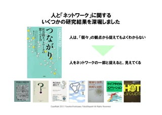 人と「ネットワーク」に関する
いくつかの研究結果を深堀しました

                     人は、「個々」の観点から捉えてもよくわからない




                     人をネットワークの一部と捉えると、見え...