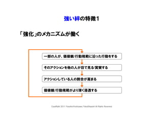 強い絆の特徴１

「強化」のメカニズムが働く


     一部の人が、価値観/行動規範に沿った行動をする


     そのアクションを他の人が目で見る/賞賛する


     アクションしている人の割合が高まる


     価値観/行動規範がより深く浸透する



       CopyRight 2011 YasuhiroYoshizawa/YukaOhigashi All Rights Reserved.
 