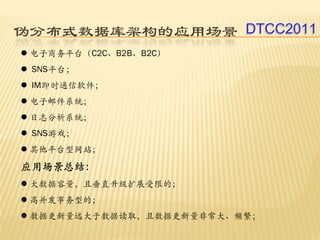 伪分布式数据库架构的应用场景 DTCC2011
 电子商务平台（C2C、B2B、B2C）
 SNS平台；
 IM即时通信软件；
 电子邮件系统；
 日志分析系统；
 SNS游戏；
 其他平台型网站；

应用场景总结：
 大数据容量，且垂直升级扩展受限的；
 高并发事务型的；
 数据更新量远大于数据读取，且数据更新量非常大、频繁；
 