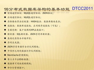 伪分布式数据库架构的基本功能 DTCC2011
前端通信协议：MySQL通信协议、JSON协议；
后端通信协议：MySQL通信协议；
存取路由算法控制器：HASH值法、数据库路由表法；
连接池：数据库连接池、应用程序连接池（可选）；
负载均衡：客户端调用API函数接口；
解析器：SQL解析器、JSON字符串解析器；
查询记录集合并缓冲区；
序列生成器；
JSON字符串操作合并队列模块；
中间件之间的数据同步队列模块；
MemCache管理模块；
第三方平台ID转换器；
数据库可用性探测模块；
命令行管理接口；
 