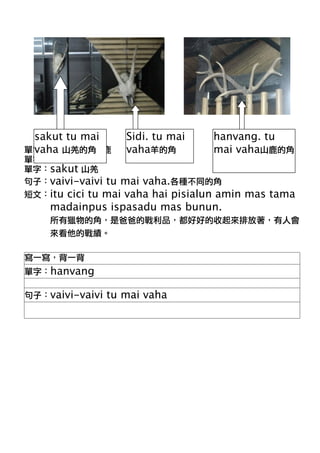sakut tu mai       Sidi. tu mai     hanvang. tu
vaha
   hanvang         vaha             mai vaha
   sidi
   sakut
   vaivi-vaivi tu mai vaha.
   itu cici tu mai vaha hai pisialun amin mas tama
   madainpus ispasadu mas bunun.




   hanvang

   vaivi-vaivi tu mai vaha
 