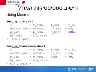 ‫חישוב סטטיסטיקות המודל‬
Using Macros:
%esg_g_c_stats(
  f          = t_new,    f_out    = t_c,
  events_var = events,   nn_var   = nn,
  p_var      = p_new,    n_bins   = 500,
  by_vars    = &by_vars.
) run ; quit ;

%esg_g_HosmerLemeshow(
  f          = t_new,    f_out    = t_HL,
  events_var = events,   nn_var   = nn,
  p_var      = p_new,    grps     = 10,
  by_vars    = &by_vars.
) run ; quit ;
 